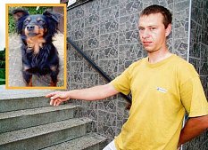 Jan Mynář ukazuje schody u rodinného domku, kde umlátil opilý soused jejich psa. Hladkosrstého pinče Ramona (ve výřezu) měli Mynářovi šest let.